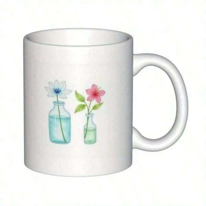 Tailorly White Ceramic 11 oz Mug - Watercolor Style Floral Arrangement Inside Small Transparent Glass Bottles Featuring Blossoms Vase