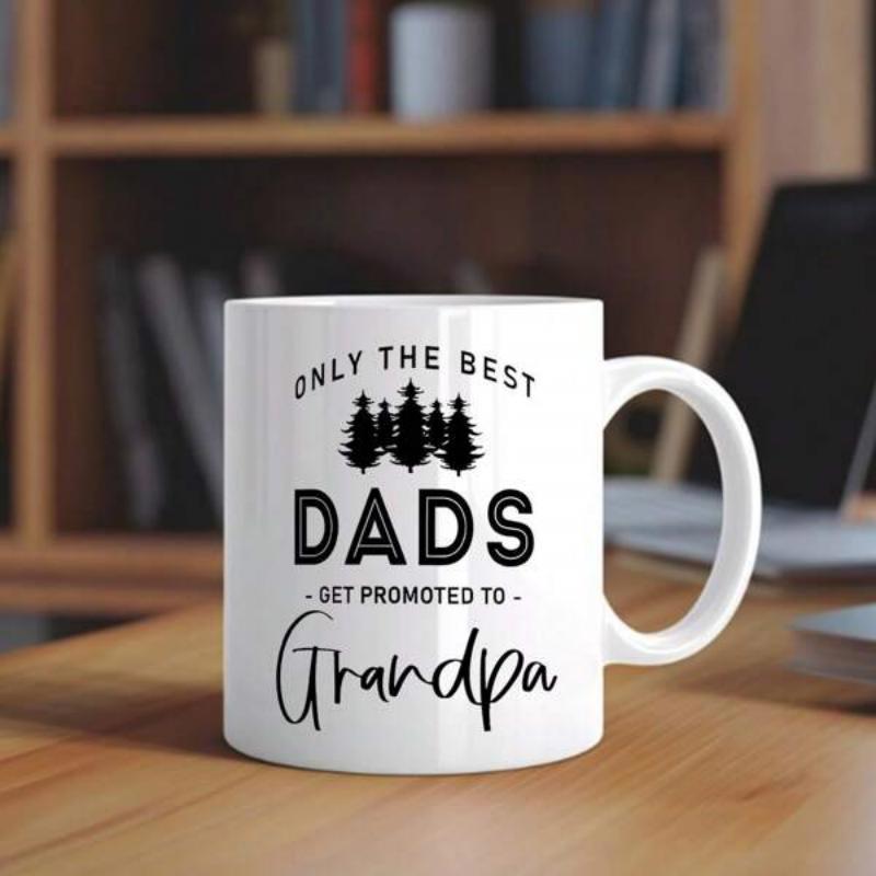 Tailorly White Ceramic 11 oz Mug - Only The Best Dads Get Promoted To Grandpa Minimalist Row Of Five Symmetrical Evergreen Forest Wilderness Trees