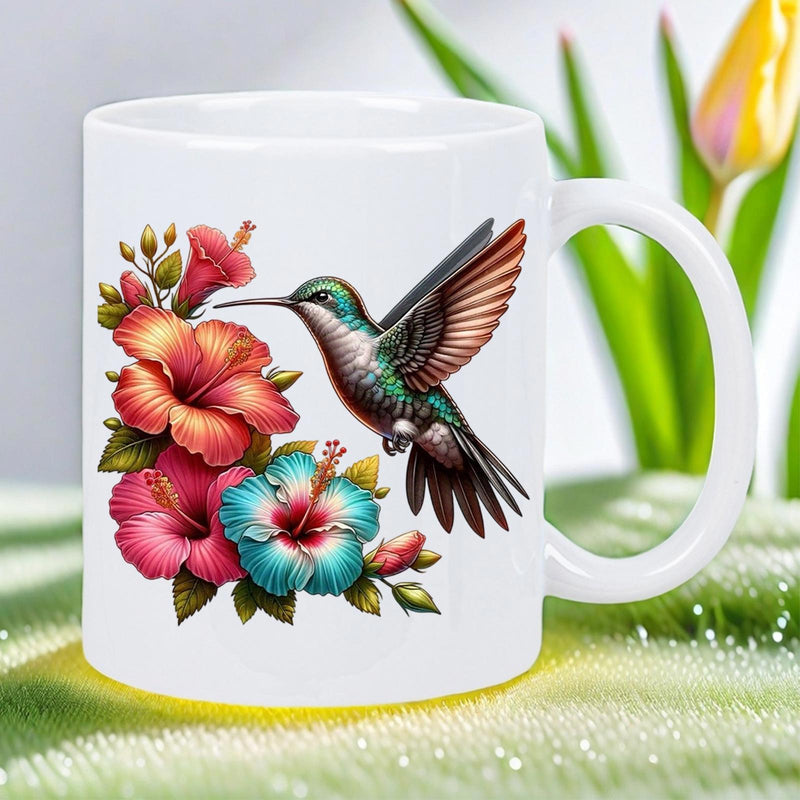 Tailorly White Ceramic 11 oz Mug - Colorful Tiny Bird Flying Among Tropical Vibrant Hibiscus Petals And Green Leaves Hummingbird