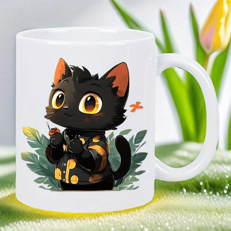 Tailorly White Ceramic 11 oz Mug - Cute Chibi Black Kitten Wearing Small Jacket Among Lush Green Leaves Cat
