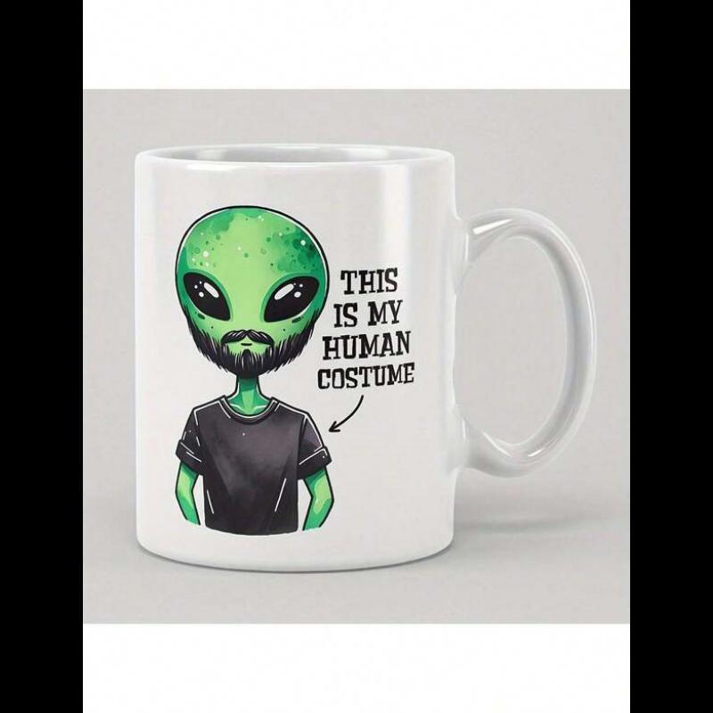 Tailorly White Ceramic 11 oz Mug - This Is My Human Costume Bearded Green Creature Wearing Casual Black Shirt Printed On Glossy Mug