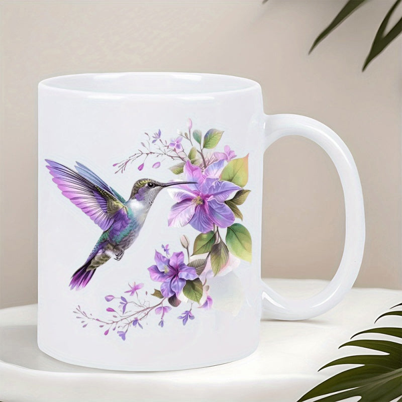 Tailorly White Ceramic 11 oz Mug - Elegant Purple Bird Hovering Near Vibrant Blooming Flowers With Green Leaves Hummingbird