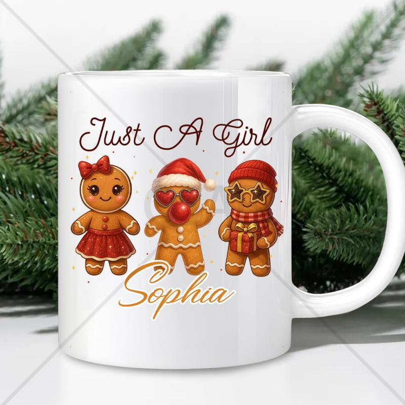 Tailorly White Ceramic 11 oz Mug - Just A Girl Sophia Festive Holiday Characters Wearing Red Winter Outfits In A Row Of Three Gingerbread