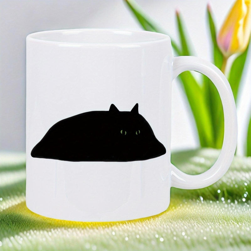 Tailorly White Ceramic 11 oz Mug - Minimalist Funny Black Blob Laying Down With Tiny Peering Eyes Cat