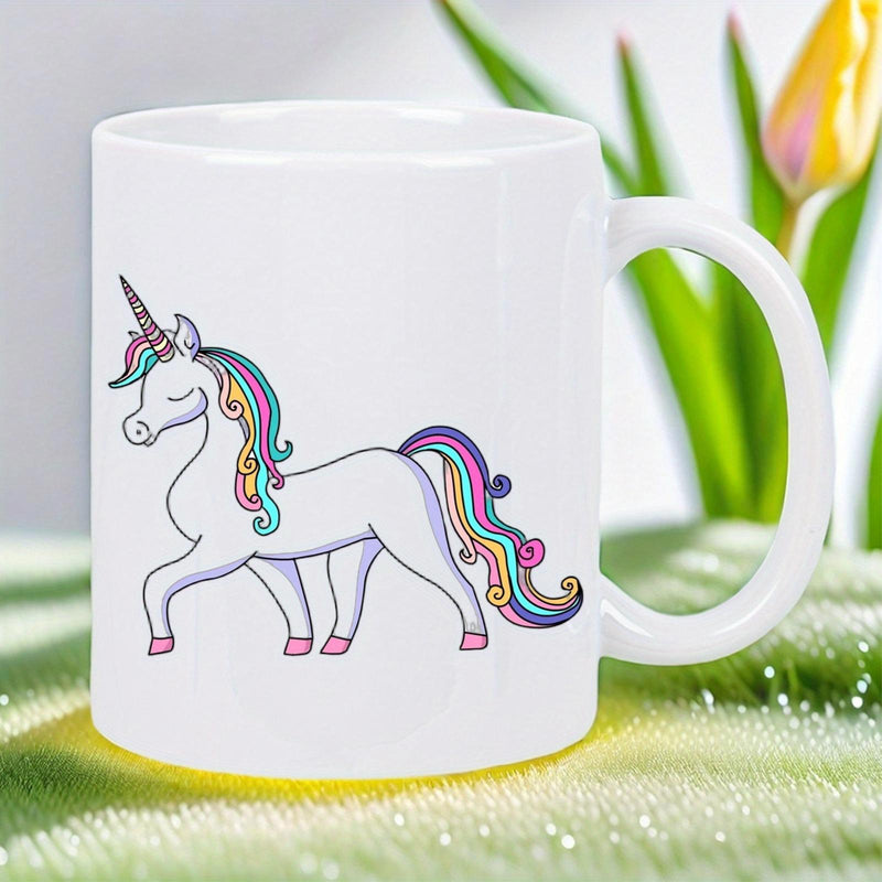 Tailorly White Ceramic 11 oz Mug - Majestic Mythical Creature Walking With Rainbow Mane And Colorful Tail Unicorn
