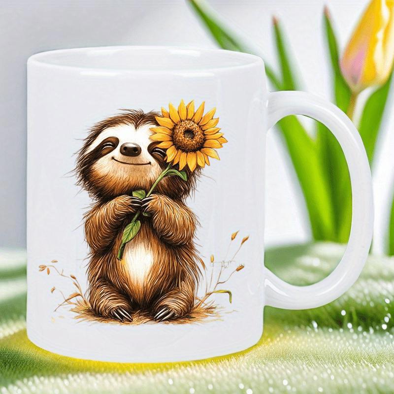 Tailorly White Ceramic 11 oz Mug - Smiling Fluffy Brown Sloth Holding A Vibrant Yellow Sunflower Sloth