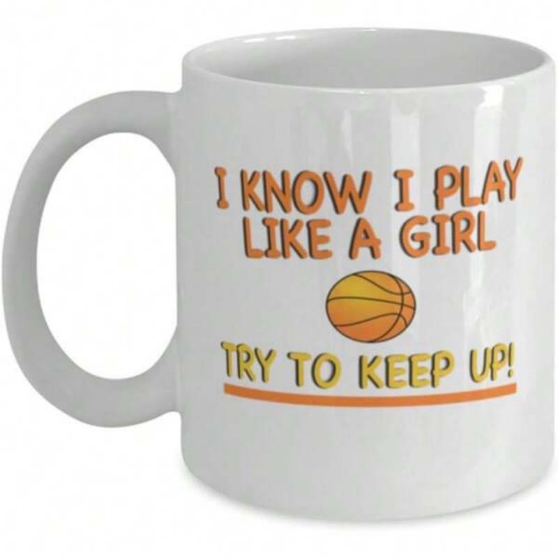 Tailorly White Ceramic 11 oz Mug - I Know I Play Like A Girl Try To Keep Up Classic Orange Athletic Sphere Featuring Bold Stylized Motivational Typeface Basketball