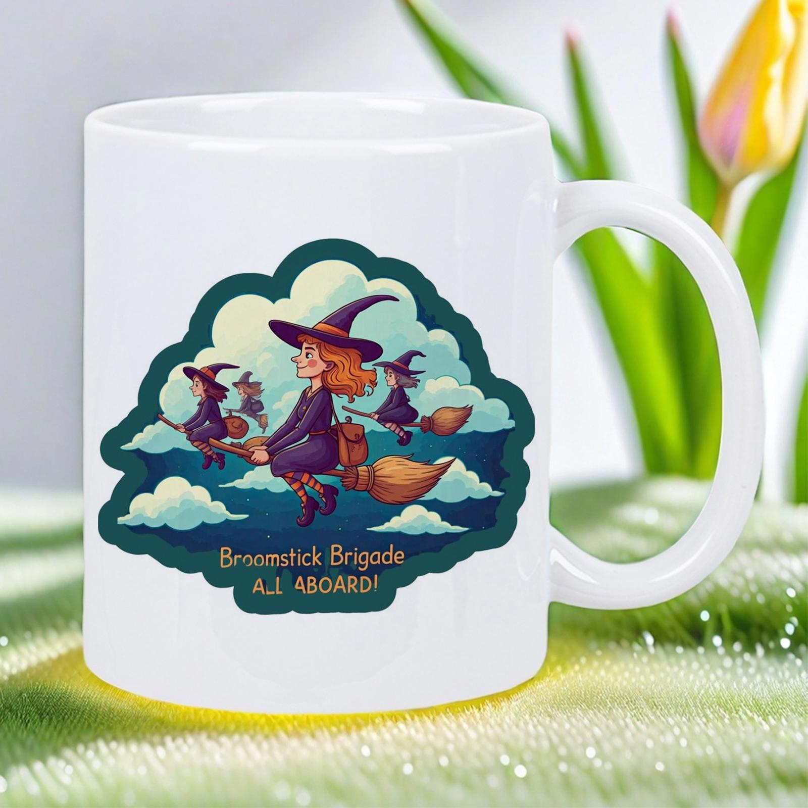 Tailorly White Ceramic 11 oz Mug - Broomstick Brigade All Aboard Whimsical Cartoon Witches Flying Over Fluffy White Clouds In Night Sky Witch