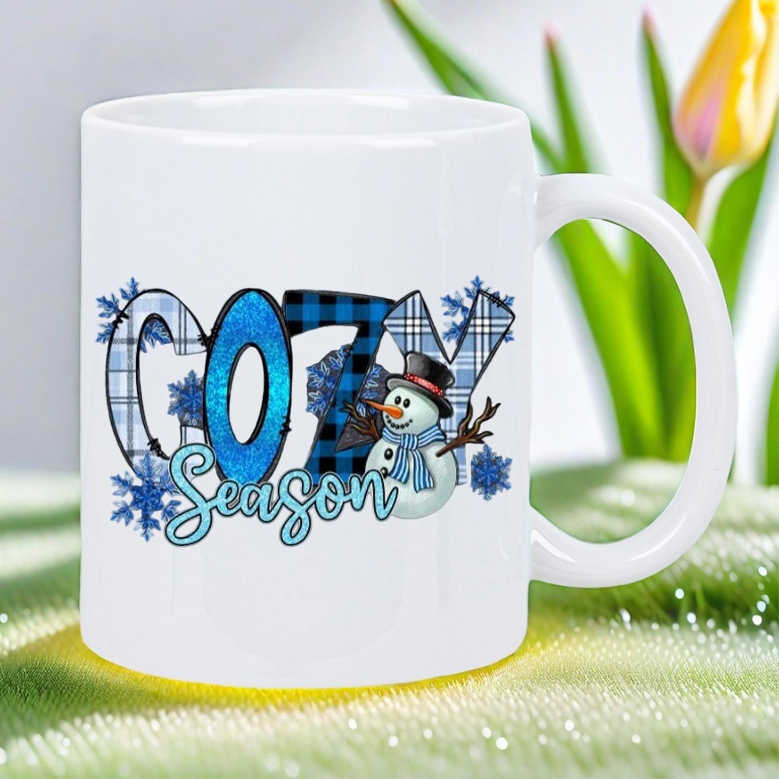Tailorly White Ceramic 11 oz Mug - Cozy Season Winter Scene With Plaid Patterned Letters And A Charming Snowman