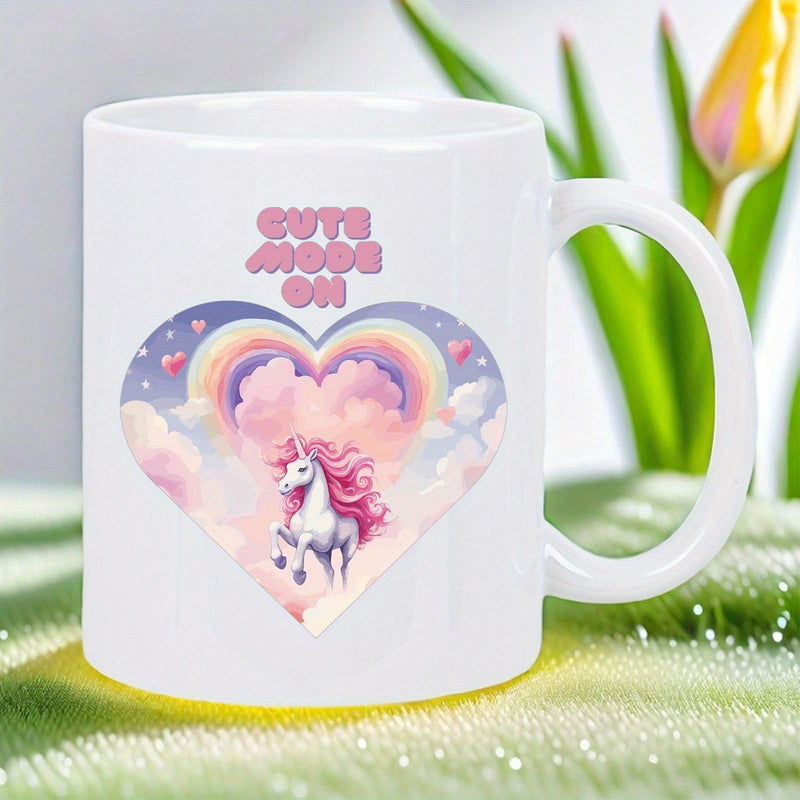 Tailorly White Ceramic 11 oz Mug - Cute Mode On Magical Pastel Rainbow Among Clouds Within A Heart Frame Unicorn