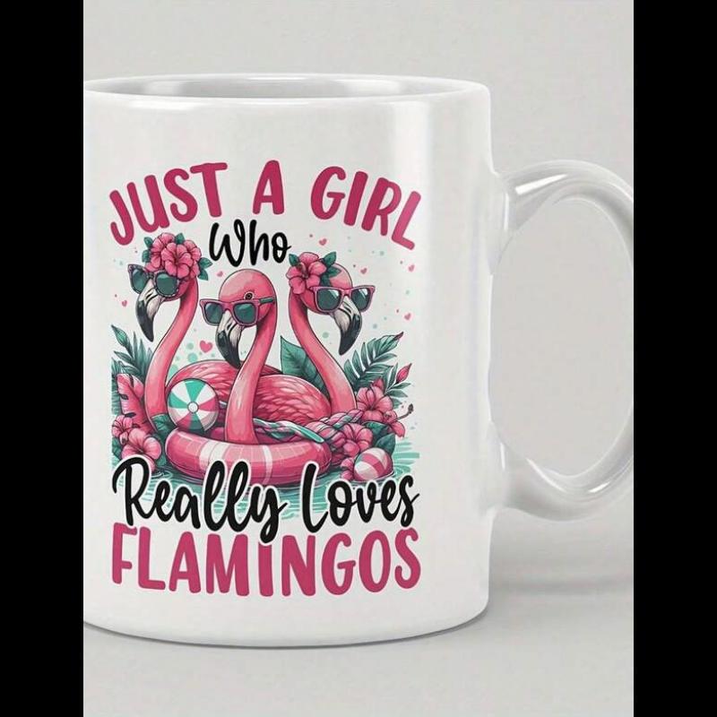 Tailorly White Ceramic 11 oz Mug - Just A Girl Who Really Loves Flamingos Three Pink Tropical Flamingos Wearing Sunglasses Among Lush Green Leaves And Flowers