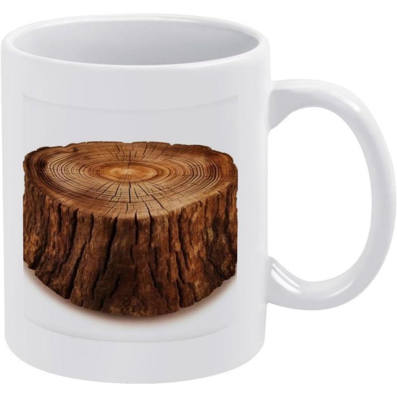 Tailorly White Ceramic 11 oz Mug - Natural Textured Wood Cross Section With Weathered Bark Detail Stump