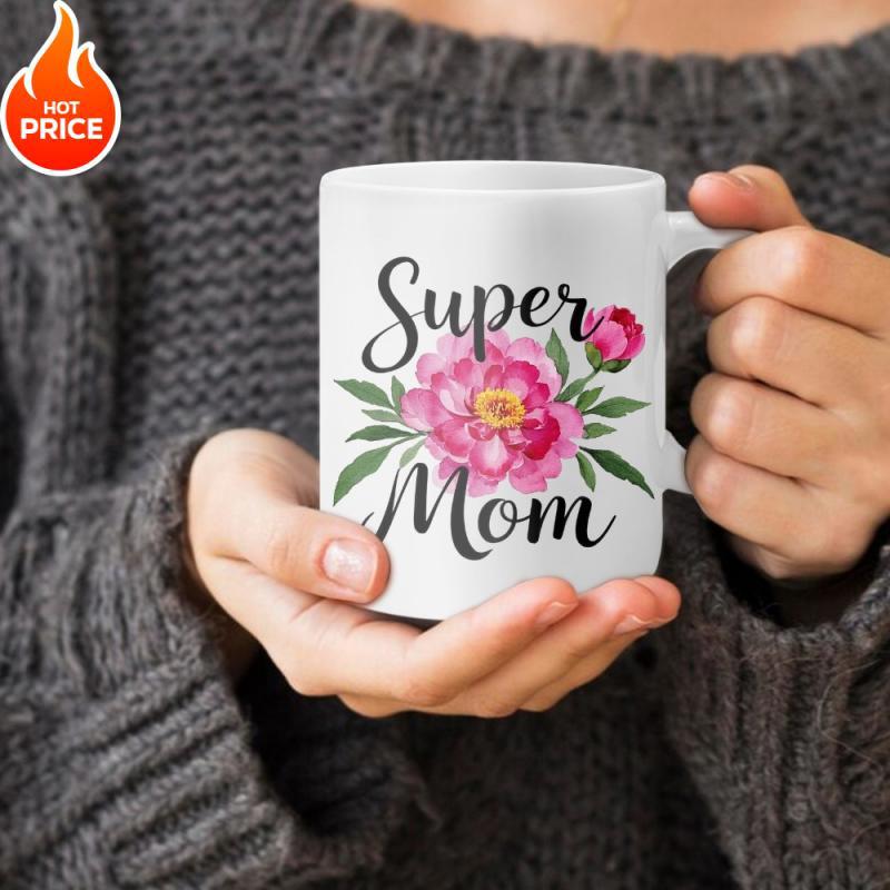 Tailorly White Ceramic 11 oz Mug - Super Mom Blooming Pink Peony Flower With Lush Green Leaves And Delicate Bud Flower