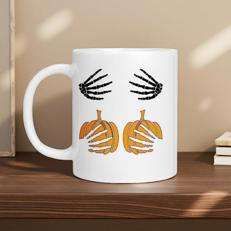 Tailorly White Ceramic 11 oz Mug - Spooky Skeleton Hands Gently Cupping Two Vibrant Festive Orange Seasonal Harvest Pumpkin