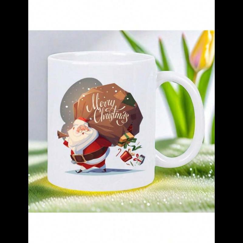 Tailorly White Ceramic 11 oz Mug - Merry Christmas Jolly Santa Claus Carrying Large Heavy Sack Of Festive Gifts And Toys Santa