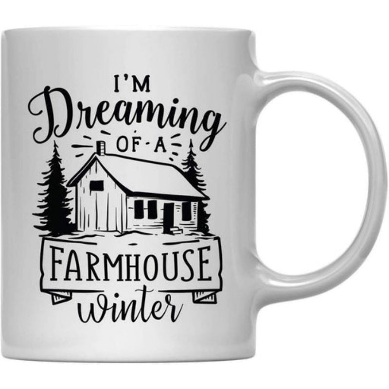 Tailorly White Ceramic 11 oz Mug - I'm Dreaming Of A Farmhouse Winter Rustic Wood Cabin Standing Between Tall Evergreen Pine Trees House