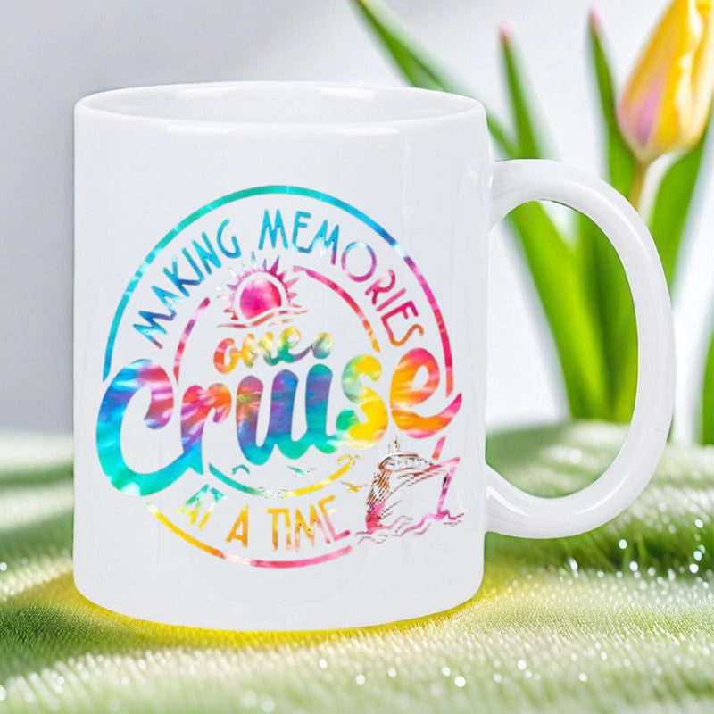 Tailorly White Ceramic 11 oz Mug - Making Memories One Cruise At A Time Vibrant Colorful Circle With Tropical Sun And Jumping Aquatic Ocean Dolphin