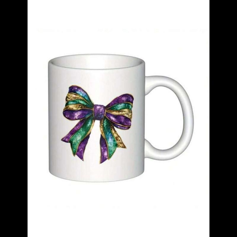 Tailorly White Ceramic 11 oz Mug - Vibrant Mardi Gras Colors Featuring Purple Green And Gold Striped Ribbon Bow