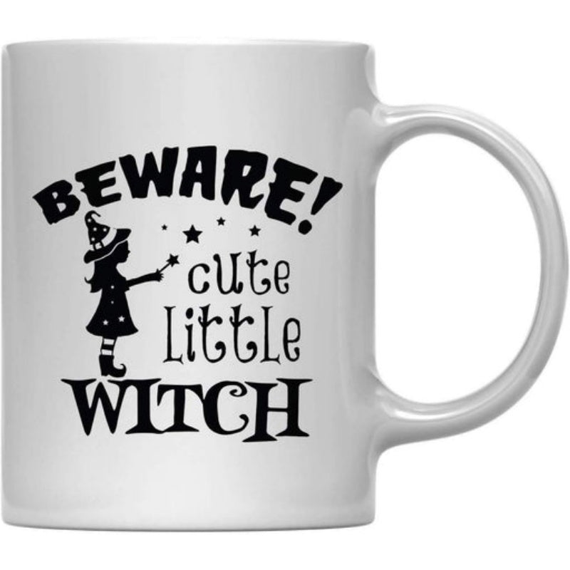 Tailorly White Ceramic 11 oz Mug - Beware Cute Little Witch Enchanting Silhouette Holding A Magic Wand Surrounded By Twinkling Stars Witch