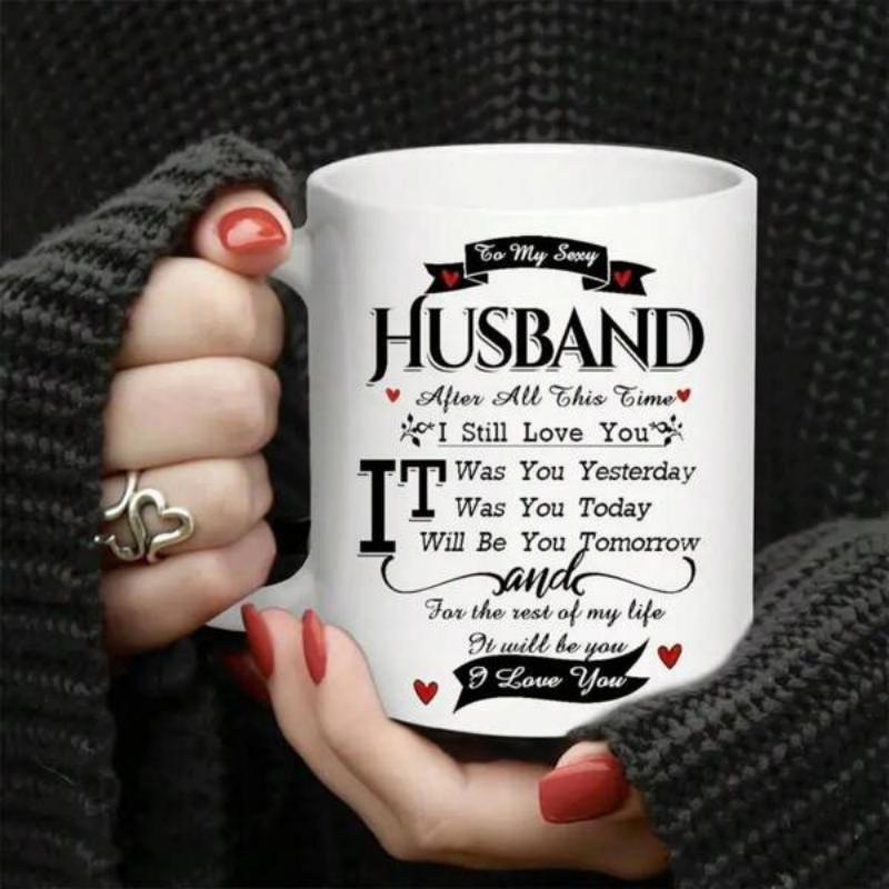 Tailorly White Ceramic 11 oz Mug - To My Sexy Husband Elegant Script Typography With Small Red Hearts And Classic Scroll Banner