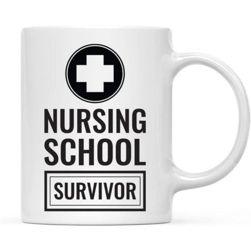 Tailorly White Ceramic 11 oz Mug - Nursing School Survivor Bold Medical Cross Icon Centered Above Framed Graduation Typography Mug
