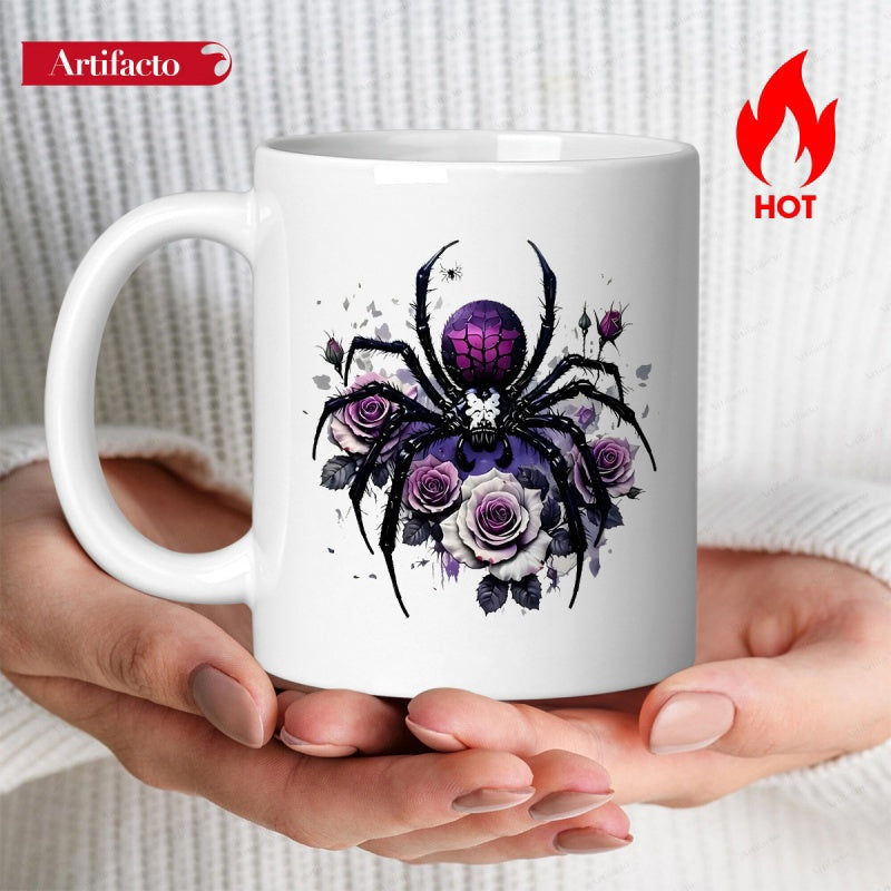 Tailorly White Ceramic 11 oz Mug - Intricate Gothic Web Weaver Among Dark Purple Roses And Floral Buds Spider