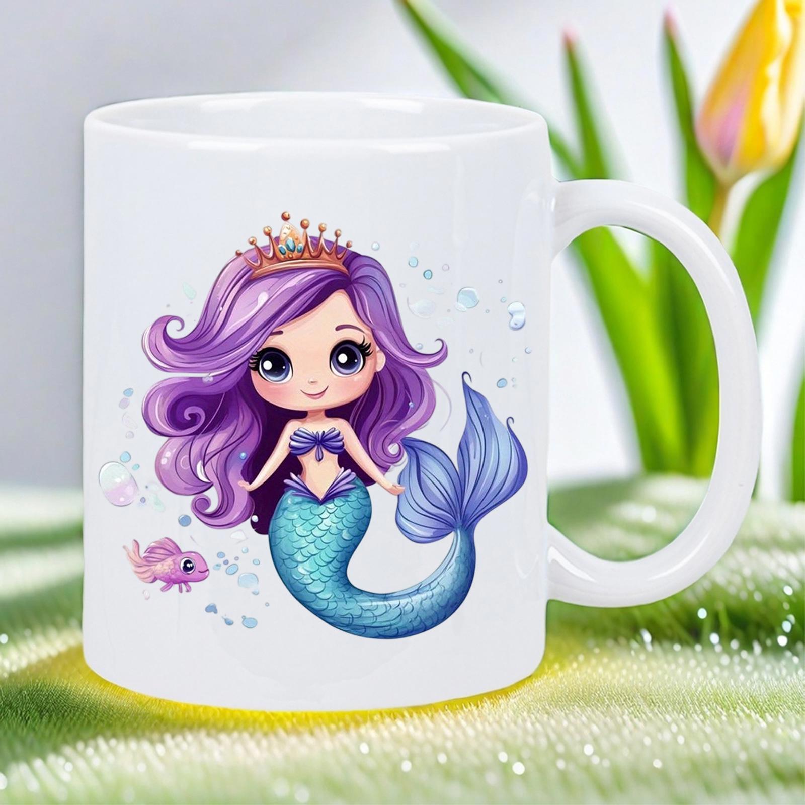Tailorly White Ceramic 11 oz Mug - Adorable Chibi Character With Flowing Purple Hair Wearing Golden Crown Mermaid