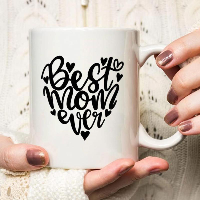 Tailorly White Ceramic 11 oz Mug - Best Mom Ever Graceful Artistic Script Typography Arranged Within A Silhouette Of Multiple Small Heart