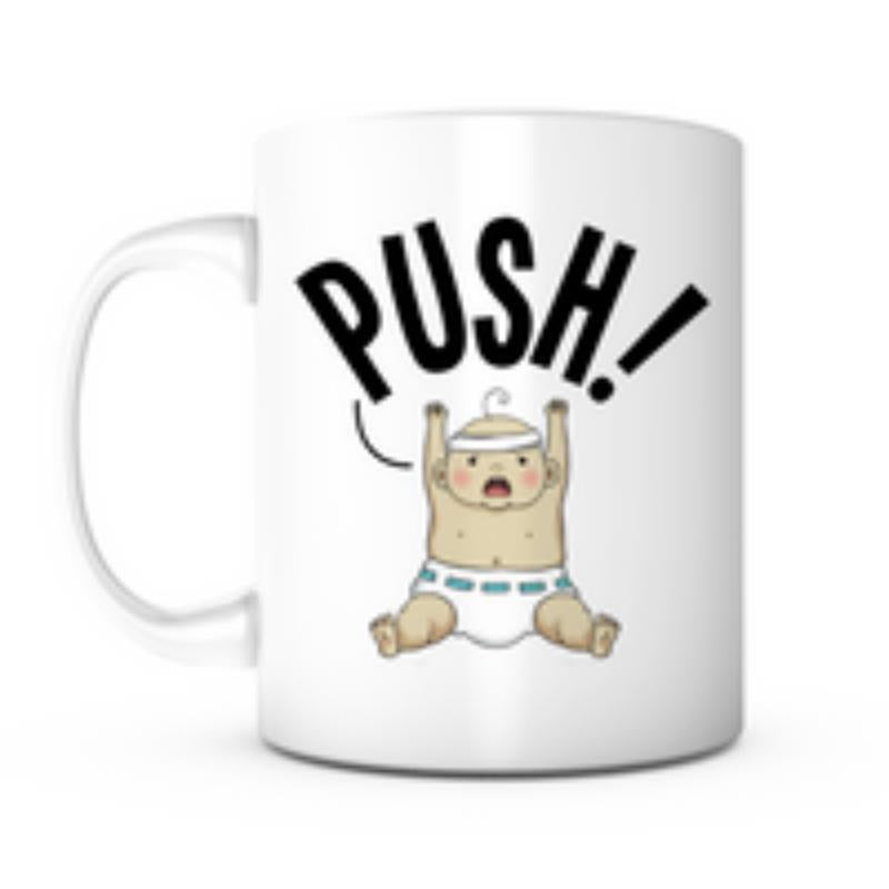 Tailorly White Ceramic 11 oz Mug - Push Cute Cartoon Little Baby With Raised Arms Wearing Diaper And Headband Baby