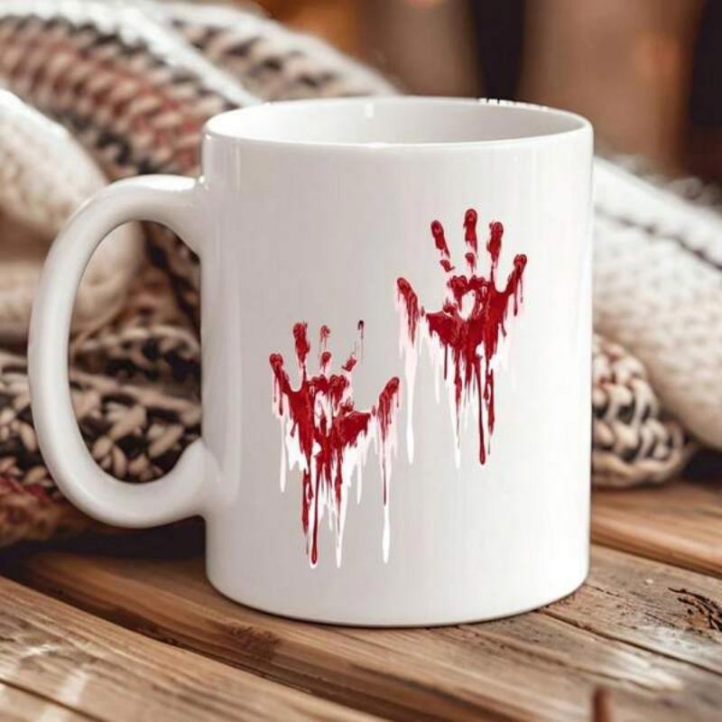 Tailorly White Ceramic 11 oz Mug - Dark Horror Theme With Bloody Dripping Stains Over Pure White Surface Handprint