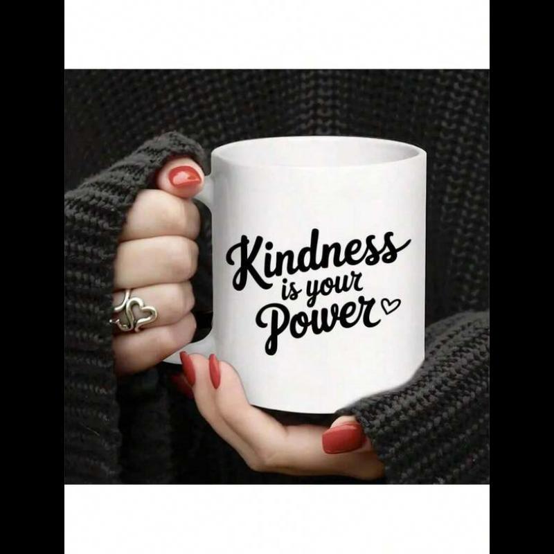 Tailorly White Ceramic 11 oz Mug - Kindness Is Your Power Minimalist Black Script Lettering With A Tiny Heart On