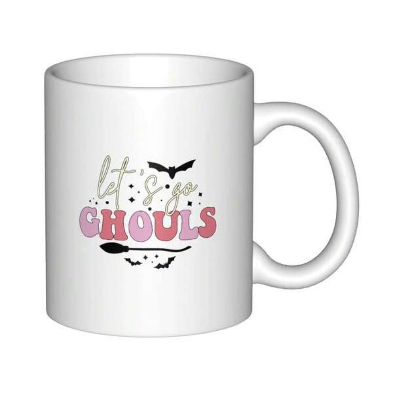 Tailorly White Ceramic 11 oz Mug - Lets Go Ghouls Spooky Halloween Bat And Witch Broom Amidst Magical Twinkling Stars Ghoul