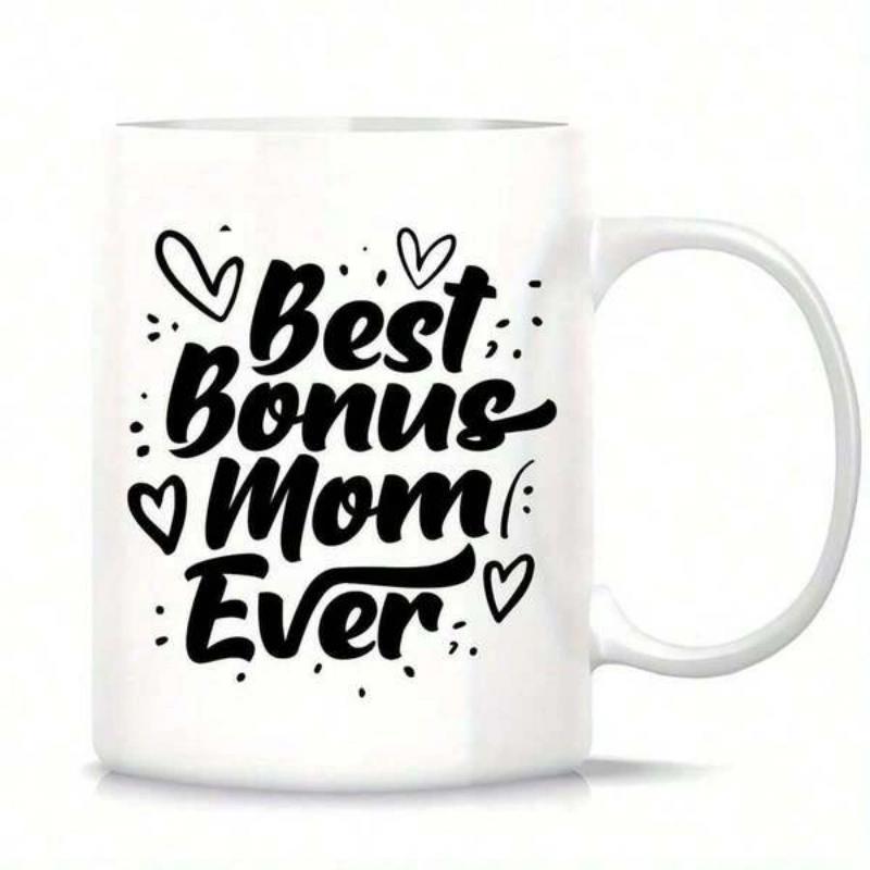 Tailorly White Ceramic 11 oz Mug - Best Bonus Mom Ever Hand Drawn Artistic Lettering With Minimalist Hearts And Charming Decorative Dots Mug