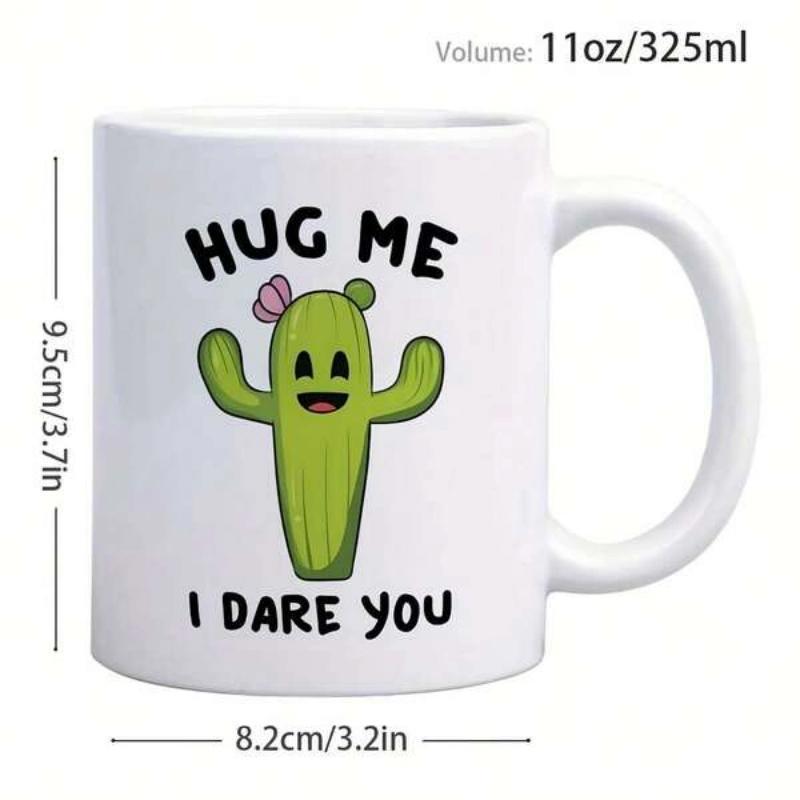 Tailorly White Ceramic 11 oz Mug - Hug Me I Dare You Cute Smiling Green Succulent With Pink Flower And Playful Outspread Arms Cactus