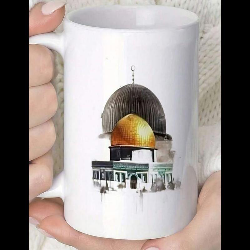 Tailorly White Ceramic 11 oz Mug - Golden Architecture Silhouette Representing Historical Religious Landmark In Detailed Artistic Style Dome