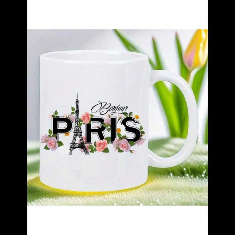 Tailorly White Ceramic 11 oz Mug - Bonjour Paris Elegant Eiffel Tower Silhouette Surrounded By Blooming Pink Garden Flowers Mug