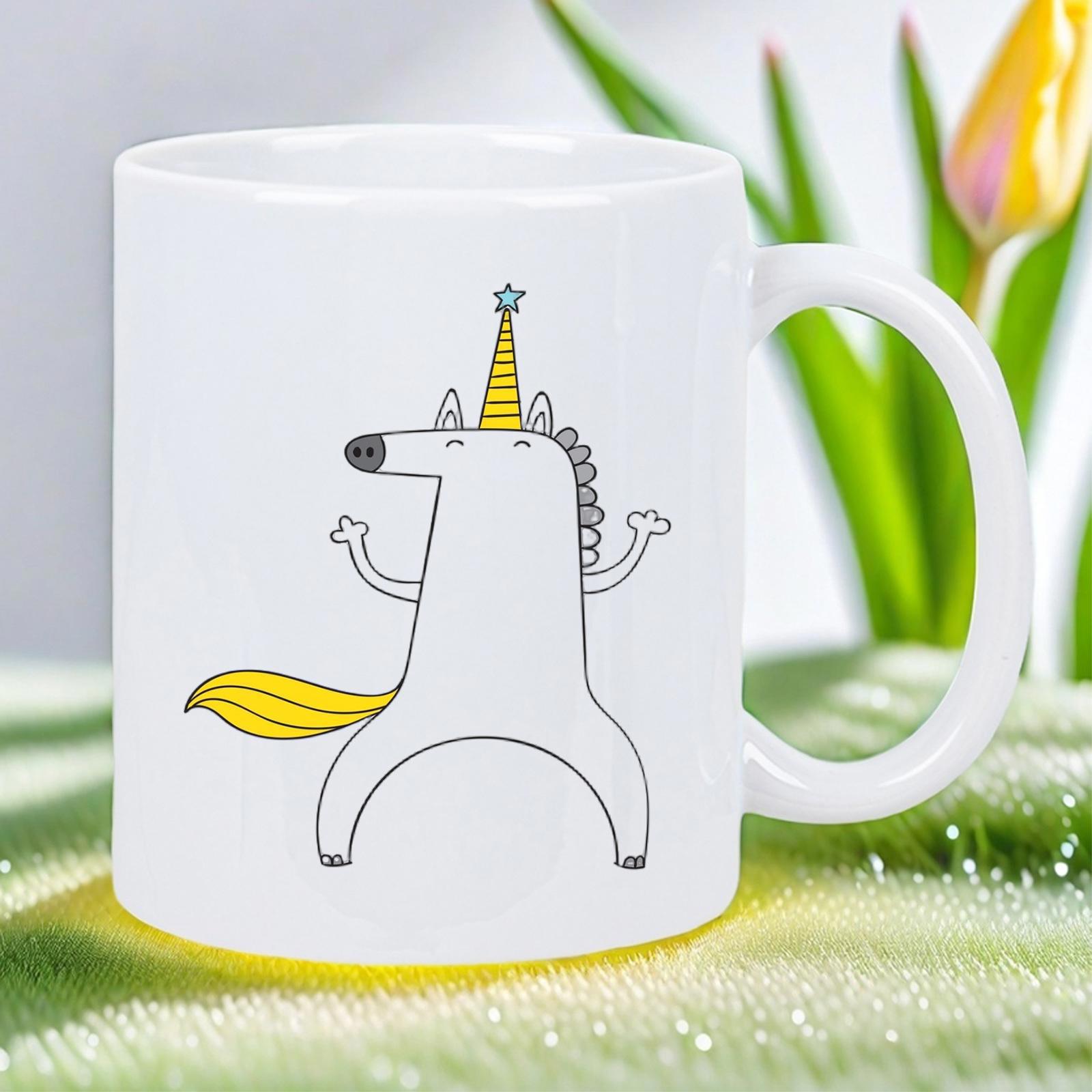 Tailorly White Ceramic 11 oz Mug - Minimalist Cartoon Sketch Of A Standing Creature With Vibrant Yellow Tail Unicorn