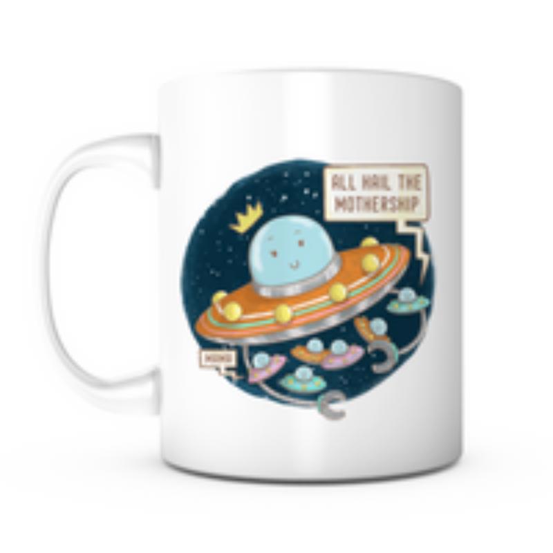 Tailorly White Ceramic 11 oz Mug - All Hail The Mothership Wooo Cute Cartoon Spaceship Floating Amidst Starry Galaxy With Smaller Crafts Mothership
