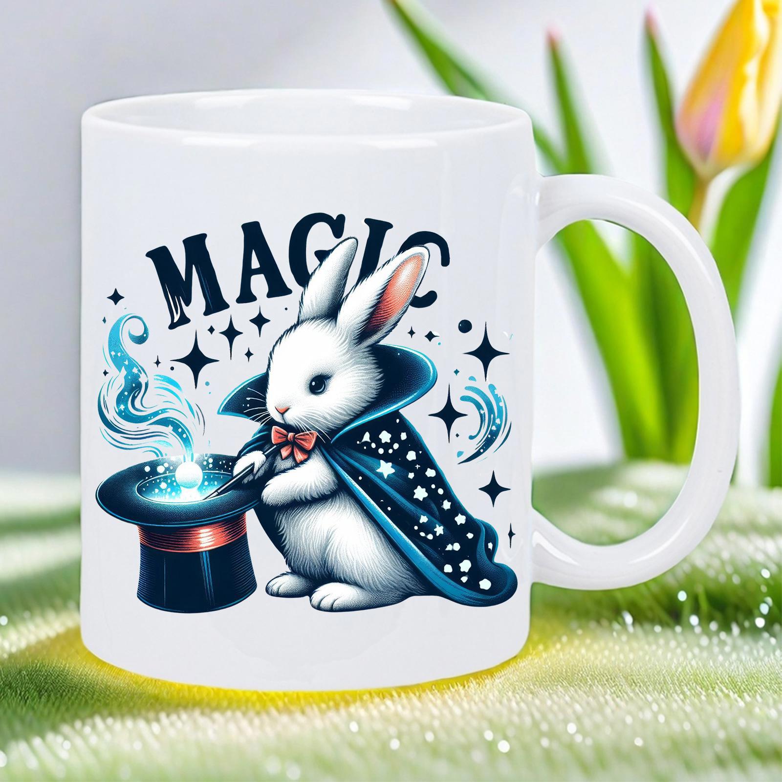 Tailorly White Ceramic 11 oz Mug - Magic Cute Magician Performing Magic With Glowing Top Hat And Starry Cloak Rabbit