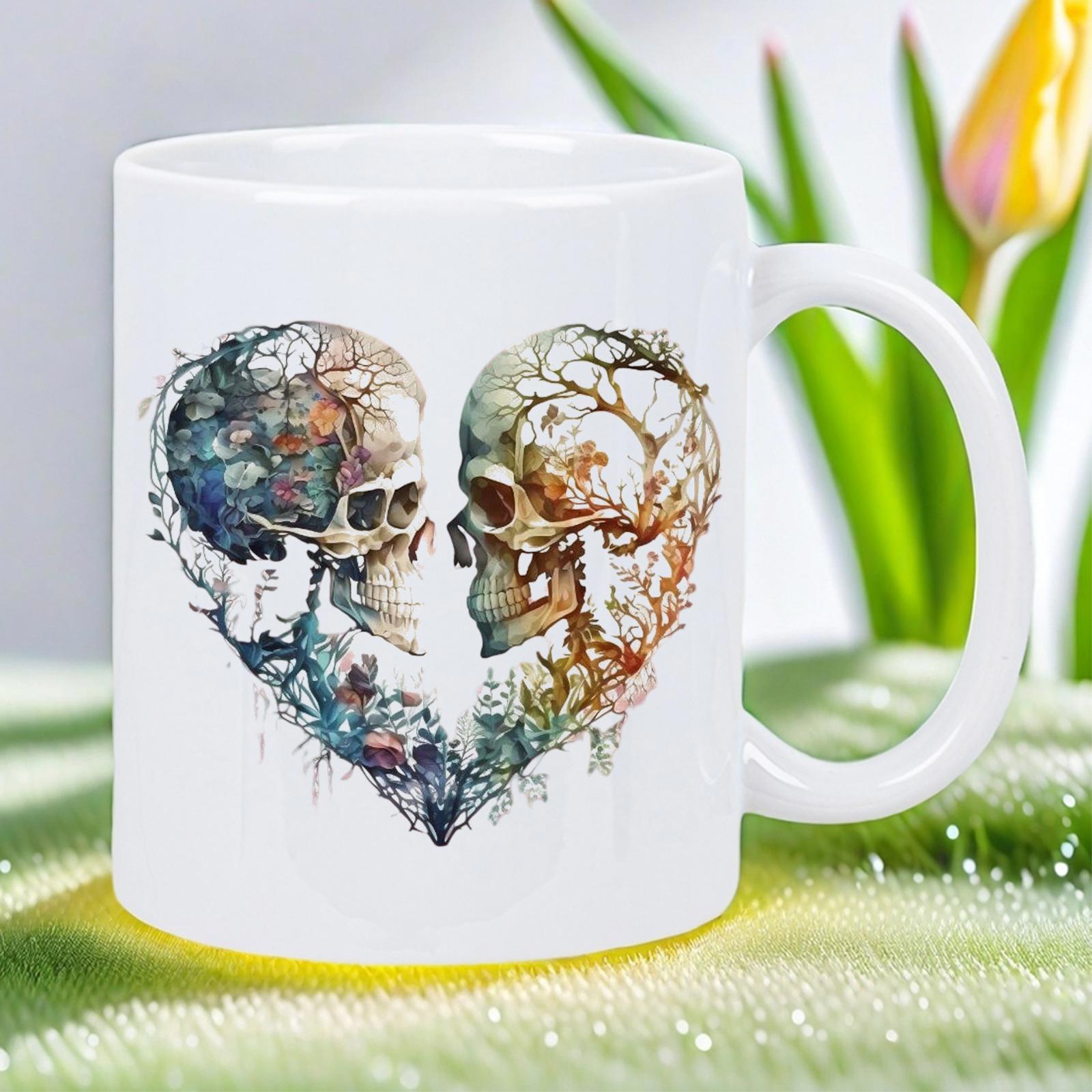 Tailorly White Ceramic 11 oz Mug - Artistic Heart Shaped Design With Intricate Tree Branches Linking Two Skulls