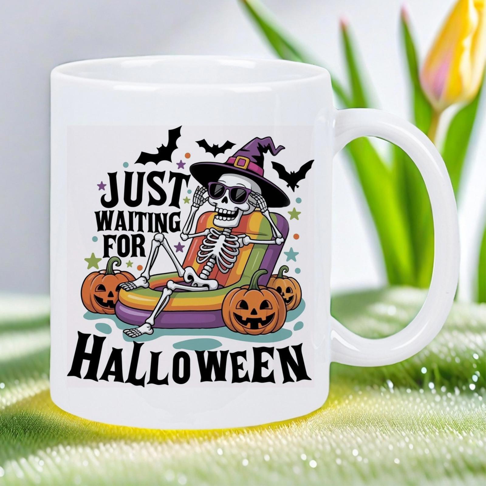 Tailorly White Ceramic 11 oz Mug - Just Waiting For Halloween Cool Skeleton In Witch Hat Sitting Among Carved Festive Jack O Lanterns Skeleton