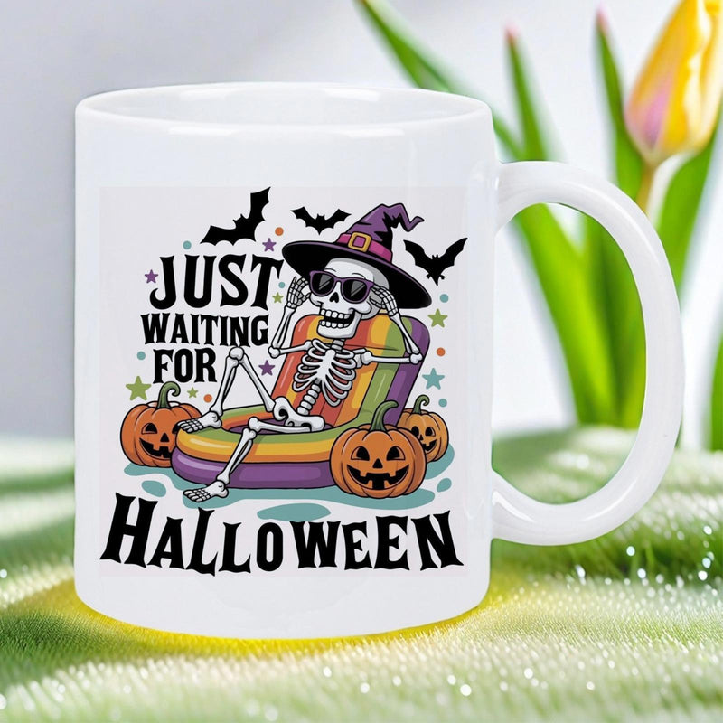 Tailorly White Ceramic 11 oz Mug - Just Waiting For Halloween Cool Skeleton In Witch Hat Sitting Among Carved Festive Jack O Lanterns Skeleton