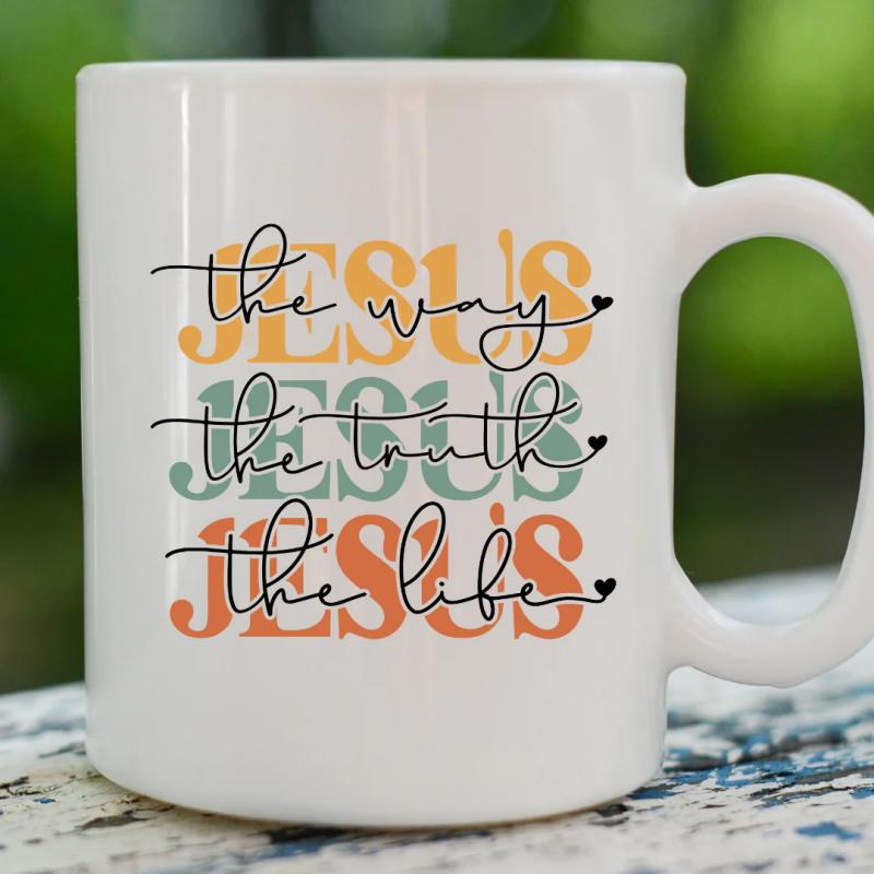 Tailorly White Ceramic 11 oz Mug - The Way The Truth The Life Jesus Colorful Retro Stacked Typography On A Smooth