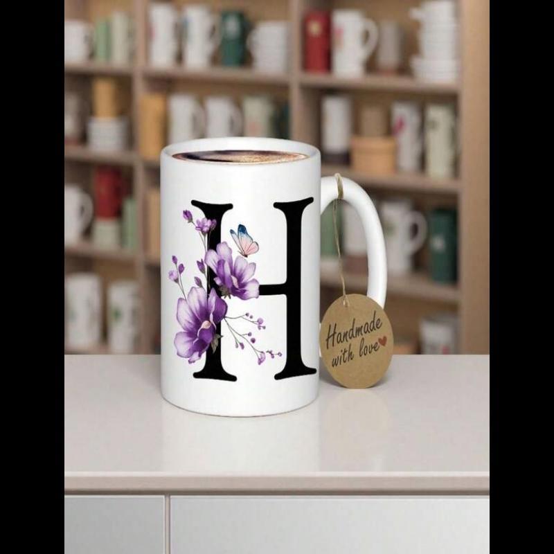 Tailorly White Ceramic 11 oz Mug - H Artistic Design Featuring Soft Purple Flowers Entwined Around A Bold Classic Letter