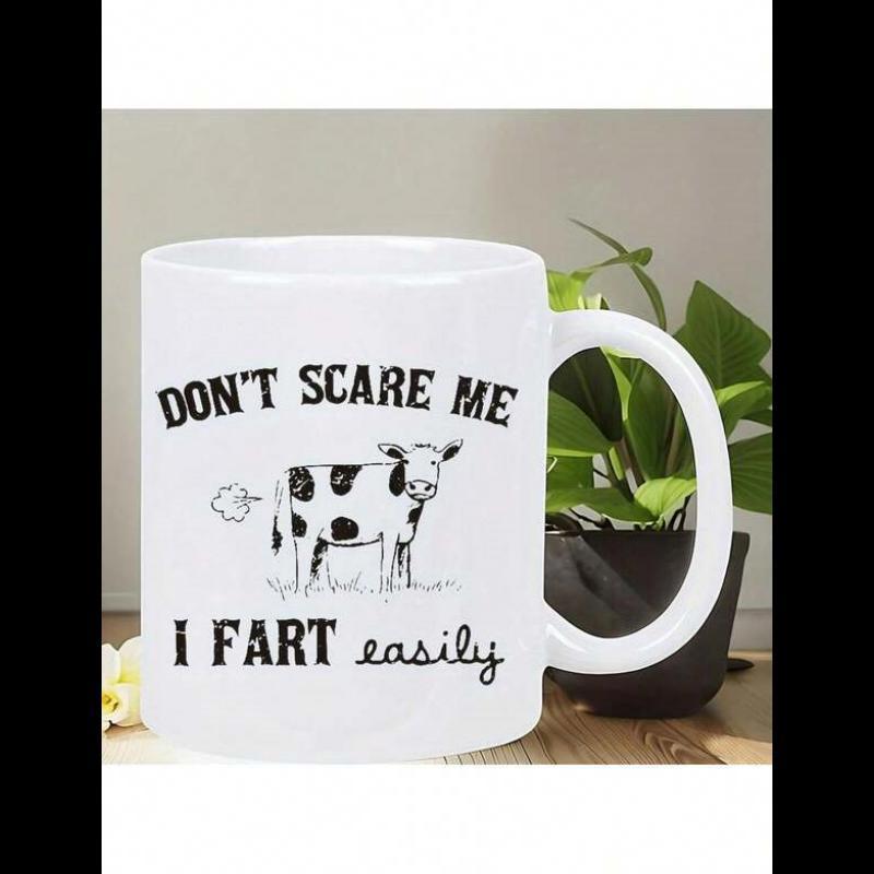 Tailorly White Ceramic 11 oz Mug - Don't Scare Me I Fart Easily Hand Drawn Spotted Farm Animal Grazing In Minimalist Black Ink Illustration Cow
