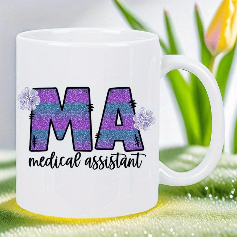 Tailorly White Ceramic 11 oz Mug - Medical Assistant Purple And Blue Striped Pattern With Delicate Floral Accents Featuring Stitches Lettering