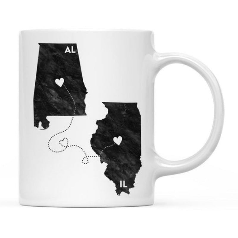 Tailorly White Ceramic 11 oz Mug - AL IL Silhouette Of Alabama And Illinois Connected By Heart Line Dotted Path Map