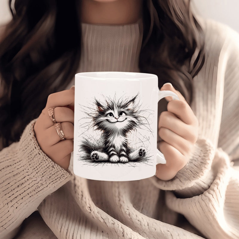 Tailorly White Ceramic 11 oz Mug - Fluffy Sketch Style Cartoon With Messy Fur And Wide Grinning Smile Cat