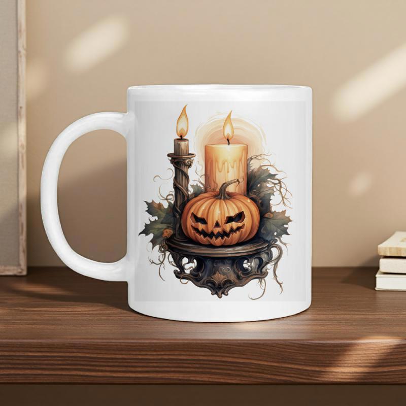 Tailorly White Ceramic 11 oz Mug - Spooky Halloween Jack O Lantern Among Glowing Candles And Dark Gothic Vines Pumpkin