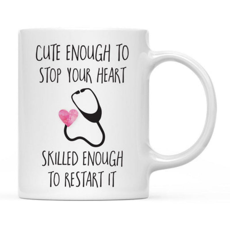 Tailorly White Ceramic 11 oz Mug - Cute Enough To Stop Your Heart Skilled Enough To Restart It Minimalist Medical Stethoscope With A Small Pink Heart On White
